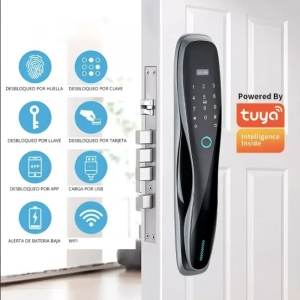 Esta cerradura inteligente cuadrada en color negro es la solución definitiva para la administración de puertas en Cartagena. Ofrece múltiples métodos de autenticación: huella digital, contraseña, tarjeta, llave mecánica y control total por la aplicación Tuya Smart. Ideal para apartamentos de Airbnb, edificios residenciales y oficinas modernas en la ciudad.